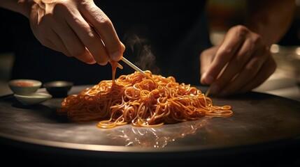 Close-up of a digital chef handcraftedly garnishing Mapo noodles with precision. - obrazy, fototapety, plakaty