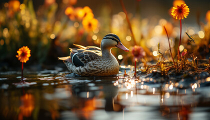 Duckling in pond, surrounded by nature beauty generated by AI - 710230878