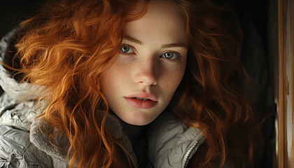 Naklejka premium One young adult woman with long brown hair looking outdoors generated by AI