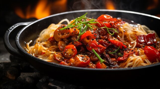 Close-up of a fiery Mapo noodles dish, emphasizing the spiciness with glowing chili peppers.