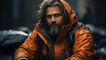 One man in winter raincoat hiking in forest generated by AI