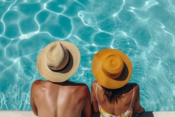 Man and Woman Sitting by Pool in Sun Hats and Summer Clothes with Overhead Back View