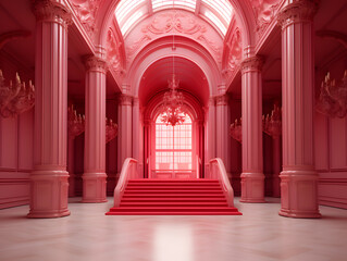 Fototapeta premium Pink showroom interior with sofa, armchair and pink wall. 3d rendering valentine style