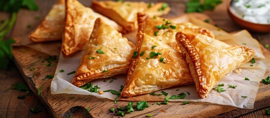Greek cheese filled triangular filo pastry pies with yoghurt sauce, served on a wooden board with baking paper.