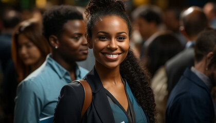 Obraz premium Smiling education brings happiness to young adults in a multi ethnic group generated by AI