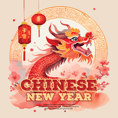 Happy Chinese New Year Social Media Post Template banner, Chinese, dragon