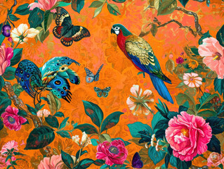 Poetic Classic and Hand Painted Retro Vintage Style Fine Art canvas for wallpaper and background with Colorful Peacocks, birds, Flowers and plants, Nature-inspired and floral botanical, ornamental