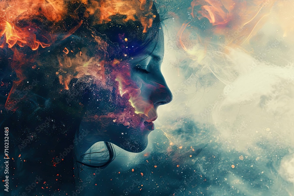 Wall mural a person in deep thought with a contemplative expression surrounded by abstract imagery symbolizing 