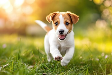 A playful puppy running through a meadow Sunlight filtering through trees