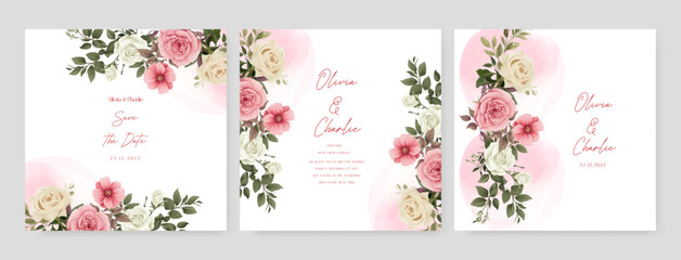 Pink and white rose vector wedding invitation card set template with flowers and leaves watercolor. Wedding floral watercolor background with square post template and social media