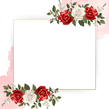 Red and white watercolor hand painted background template for Invitation with flora and flower. Flower watercolor square background for social media post feed template