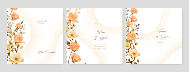 Fototapeta na wymiar Yellow and peach floral wedding invitation card template set with flowers frame decoration. Wedding floral watercolor background with square post template and social media