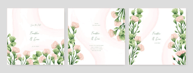 Fototapeta na wymiar Pink peony wedding invitation card template with flower and floral watercolor texture vector. Wedding floral watercolor background with square post template and social media