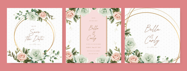 Pink and green rose beautiful wedding invitation card template set with flowers and floral. Wedding floral watercolor background with square post template and social media