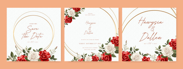 White and red rose wedding invitation card template with flower and floral watercolor texture vector. Wedding floral watercolor background with square post template and social media