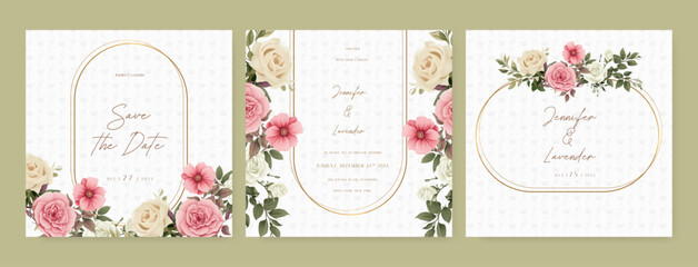 Beige white and pink rose vector elegant watercolor wedding invitation floral design. Wedding floral watercolor background with square post template and social media