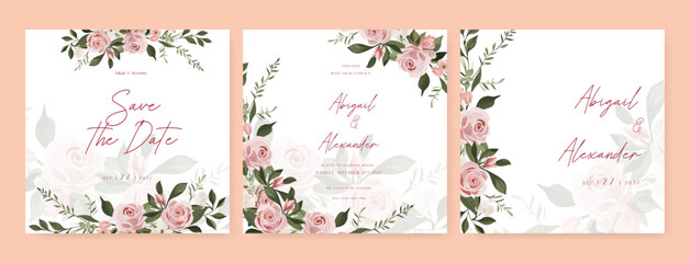 Pink rose set of wedding invitation template with shapes and flower floral border. Wedding floral watercolor background with square post template and social media