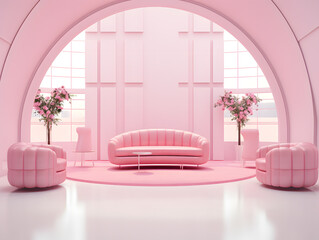 Pink showroom interior with sofa, armchair and pink wall. 3d rendering valentine style