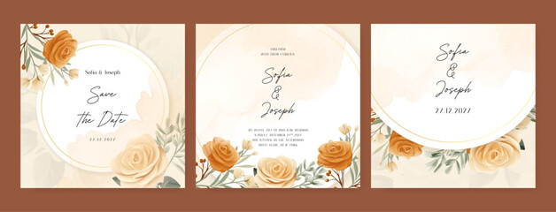 Beige and brown rustic rose beautiful wedding invitation card template set with flowers and floral. Wedding floral watercolor background with square post template and social media