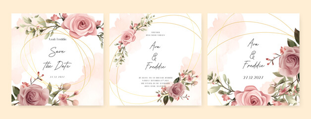 Pink rose luxury wedding invitation with golden line art flower and botanical leaves, shapes, watercolor. Wedding floral watercolor background with square post template and social media - obrazy, fototapety, plakaty