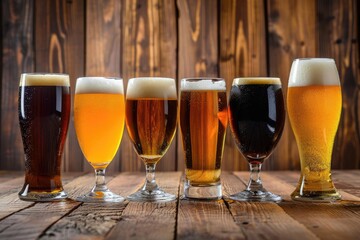 Assortment of craft beers in glasses on a wooden table