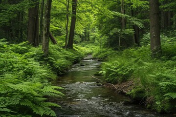 Lush green forest with a serene stream