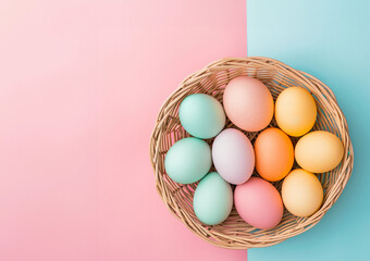 top down view of colorful pastel easter eggs in a basket on a pink and teal background generated by ai