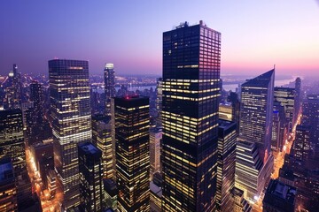 Modern skyscraper in a bustling cityscape at twilight