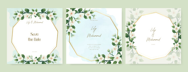 White magnolia floral wedding invitation card template set with flowers frame decoration. Wedding floral watercolor background with square post template and social media
