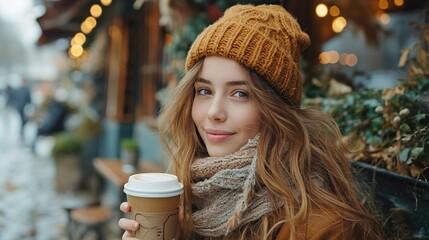 Young beautiful happy woman with long curly hair enjoying cappuccino in a street cafe