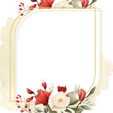 White and red watercolor hand painted background template for Invitation with flora and flower. Flower watercolor square background for social media post feed template