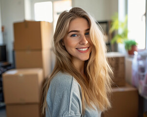 young blonde woman smiling with moving boxes in the background. generated by ai