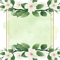 White and green watercolor hand painted background template for Invitation with flora and flower. Flower watercolor square background for social media post feed template