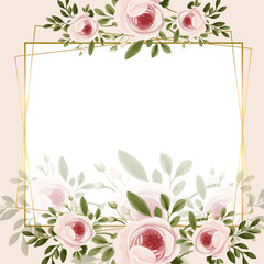 Pink and white modern wreath background invitation frame with flora and flower. Flower watercolor square background for social media post feed template