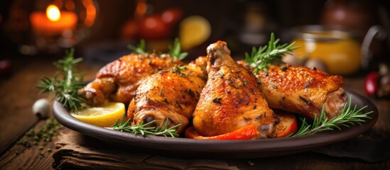 Rustic-style grilled chicken legs with selective focus.