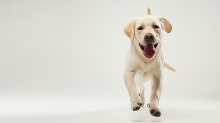 Cachorrinho feliz brincando em um fundo branco, pronto para ser usada em campanhas publicitárias.	