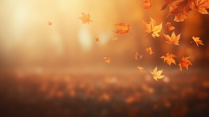 Naklejka na ściany i meble blurred backgorund orange fall colorful leaves flying falling effect