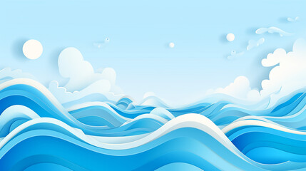 paper art cartoon abstract waves holes. blue sea and beach summer background with paper waves and seacoast for banner, invitation
