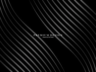 Black abstract background design. Modern wavy lines (guilloche curves) pattern in monochrome colors. Premium line texture for banner, business card, background. Dark horizontal vector template.