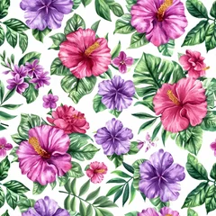  Watercolor flowers pattern, purple and pink tropical elements, green leaves, white background © SEUNGJIN