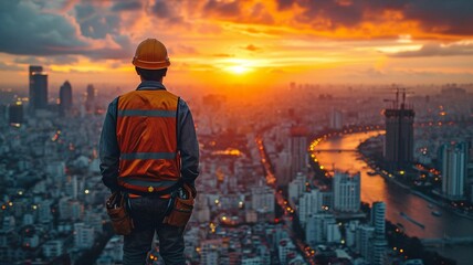 Obraz premium Man the builder opposing the cityscape