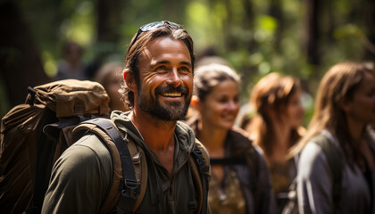 Obraz premium Group of men smiling, hiking in nature generated by AI