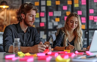 Fototapeta premium In an office, businesspeople brainstorm collectively using sticky notes.