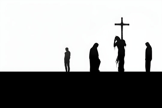 minimalist image of Jesus, with silhouettes representing human figures, in black and white