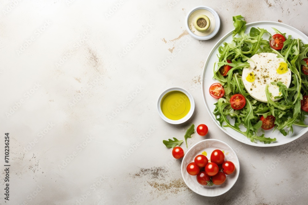 Wall mural healthy food concept mozzarella cheese cherry tomatoes arugula olive oil on white stone table