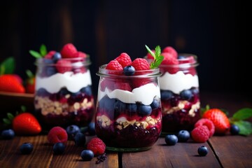 Healthy berry parfaits in jars displayed on dark rustic background