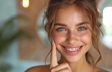 The braces on the teeth of a youthful, attractive brunette woman are pointed out on her face. - obrazy, fototapety, plakaty