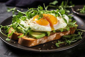 Healthy breakfast or snack Avocado sandwich with egg arugula on toasted bread