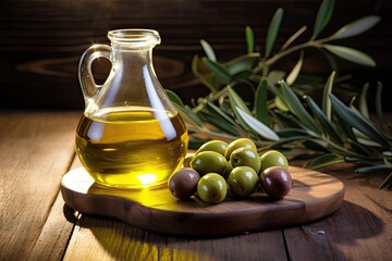 Healthy extra virgin olive oil with fresh olives displayed on wooden surface