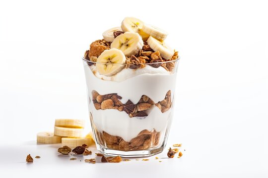 Healthy breakfast concept featuring crunchy granola yogurt banana nuts chosodate and honey in a glass on a white background